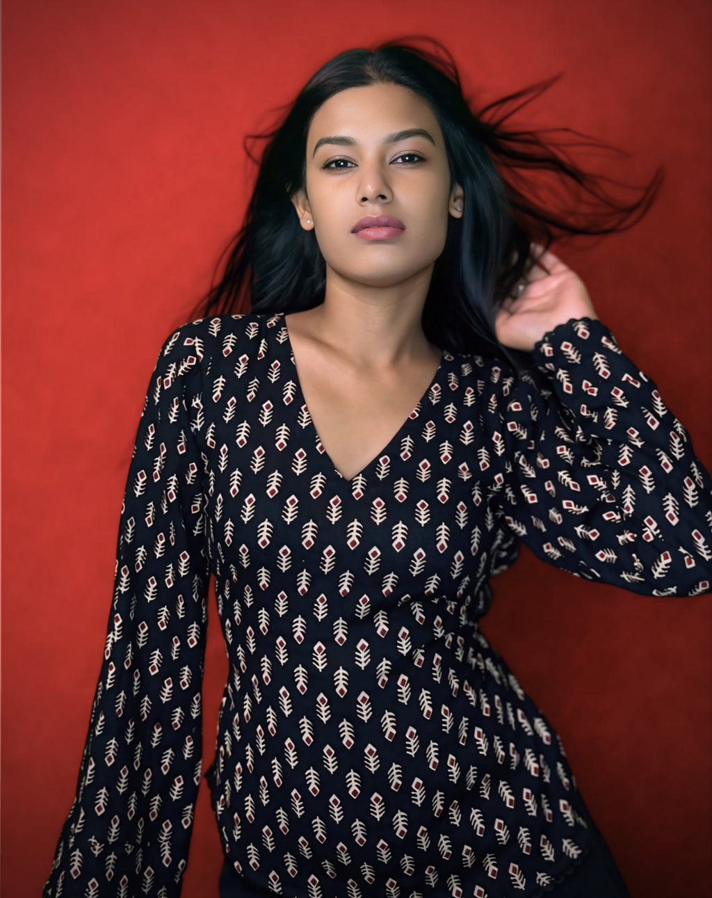 Nishika – Black Printed Cotton Flared Sleeve Kurti Top with Tie-Up Back