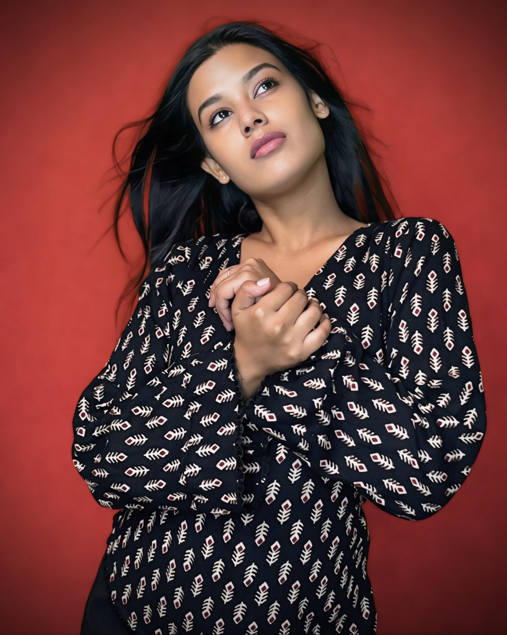 Nishika – Black Printed Cotton Flared Sleeve Kurti Top with Tie-Up Back