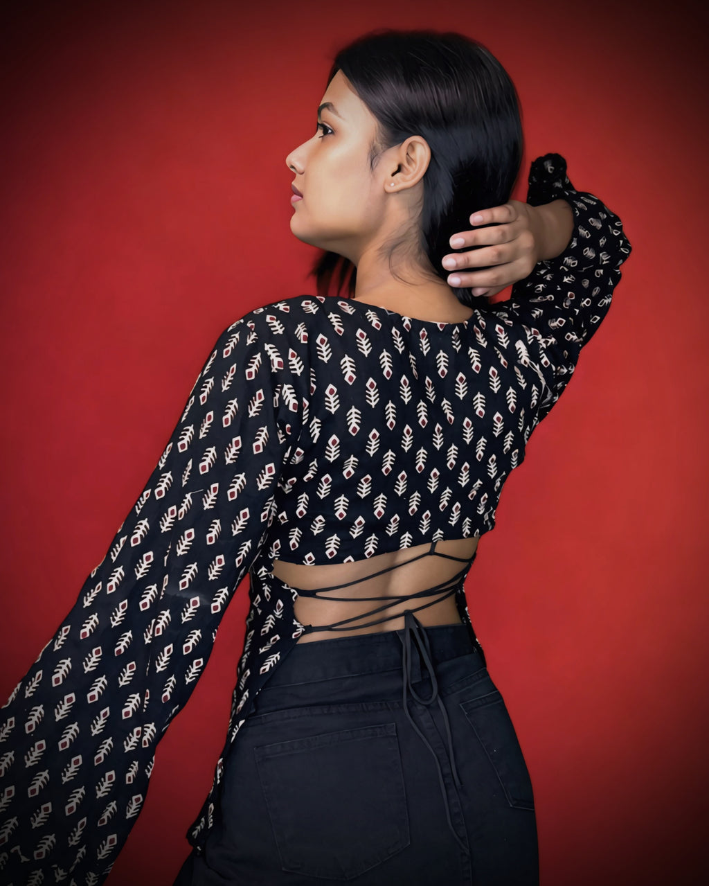 Nishika – Black Printed Cotton Flared Sleeve Kurti Top with Tie-Up Back