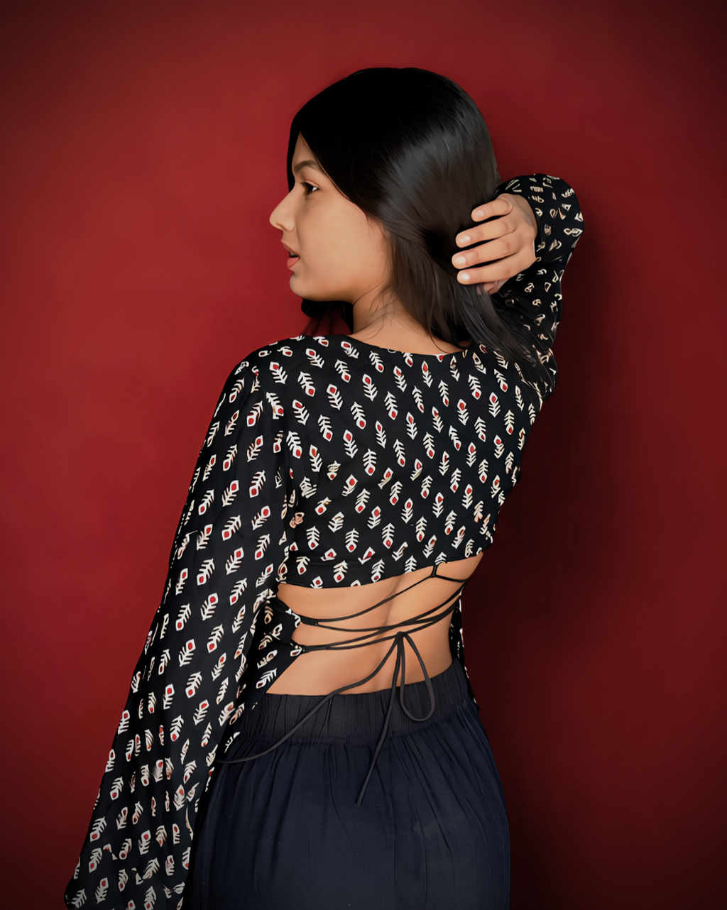 Nishika – Black Printed Cotton Flared Sleeve Kurti Top with Tie-Up Back