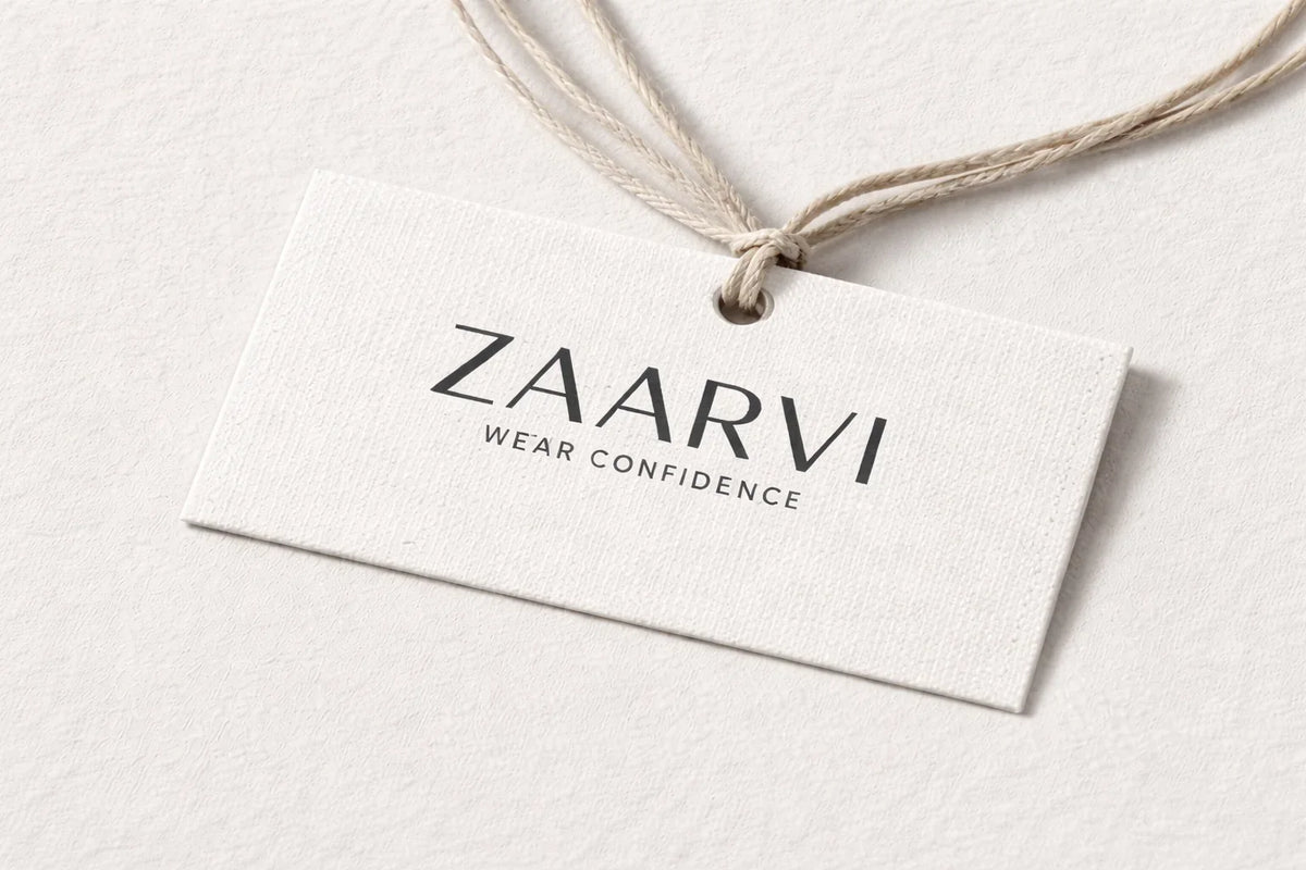 Zaarvi brand tag with 'Wear Confidence' slogan on textured white label tied with natural twine