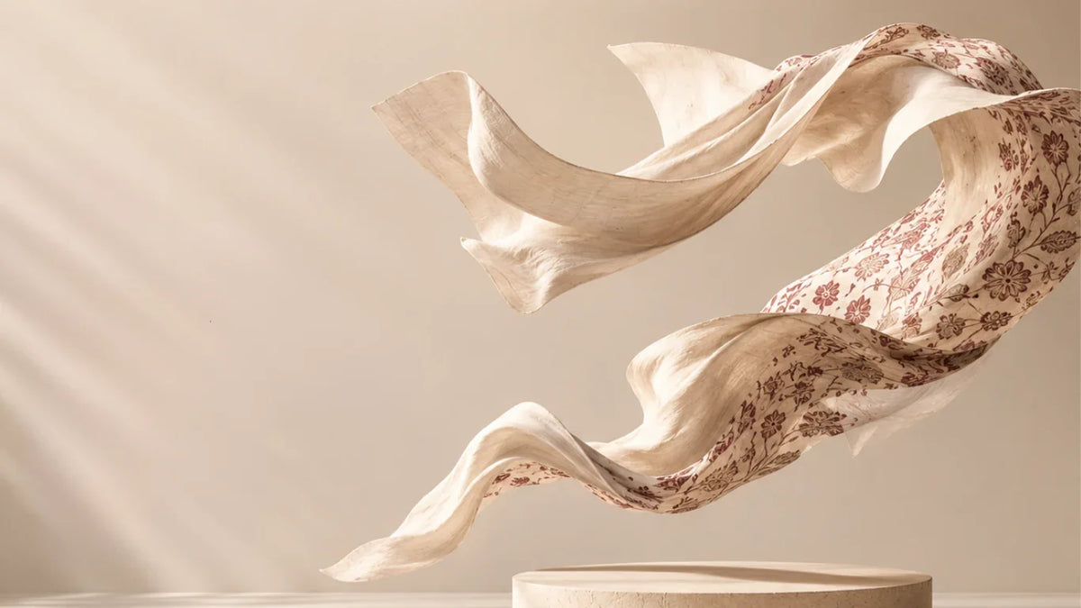 Elegant floral-patterned fabric flowing gracefully, showcasing premium Indian fashion design.